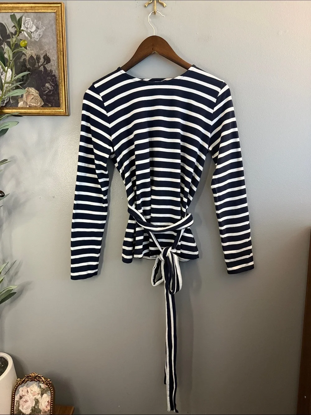 J.Crew Navy White Striped Crossover Back Tie Waist Cotton Top Small